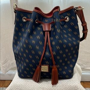 Dooney & Bourke Navy and Brown Drawstring Bucket Shoulder Bag